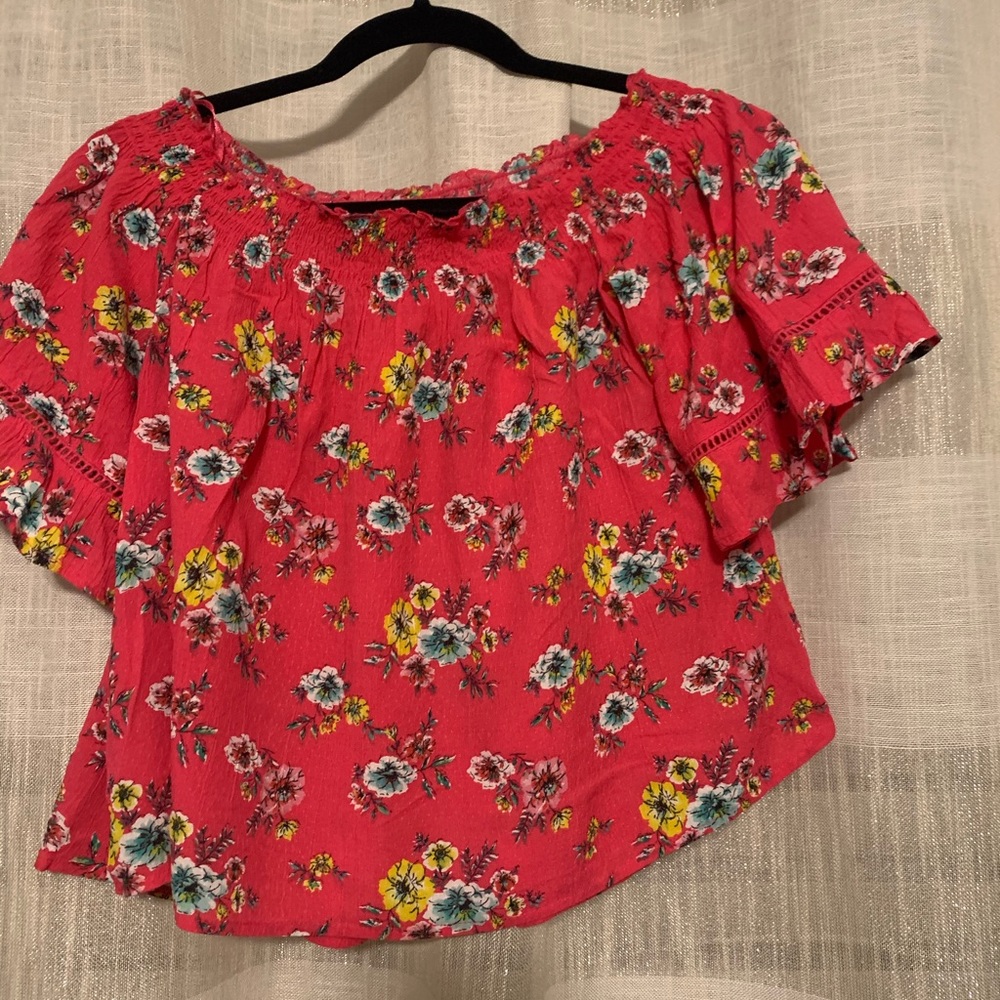 Pink floral off-the-shoulder Bershka top